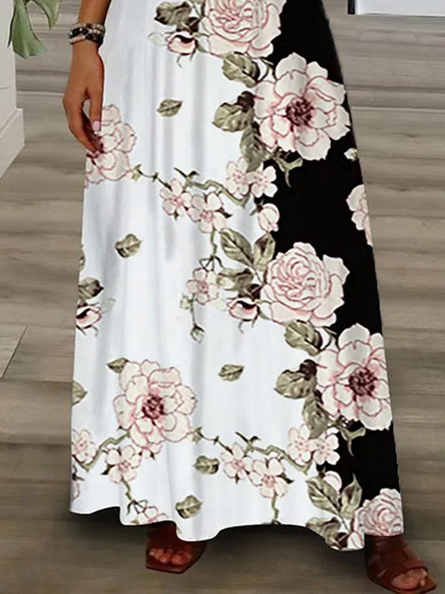 Women's Long Dress Maxi Dress Casual Dress A Line Dress Print Dress Floral Fashion Streetwear Outdoor Daily Vacation Lace Print Short Sleeve V Neck Dress Regular Fit Black White Green Summer Spring S