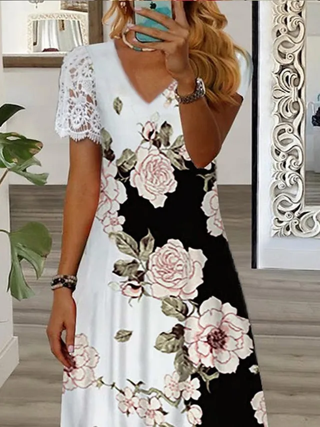 Women's Long Dress Maxi Dress Casual Dress A Line Dress Print Dress Floral Fashion Streetwear Outdoor Daily Vacation Lace Print Short Sleeve V Neck Dress Regular Fit Black White Green Summer Spring S