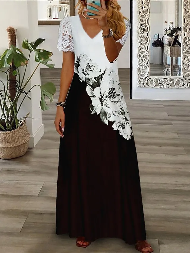 Women's Long Dress Maxi Dress Casual Dress A Line Dress Print Dress Floral Fashion Streetwear Outdoor Daily Vacation Lace Print Short Sleeve V Neck Dress Regular Fit Black White Green Summer Spring S