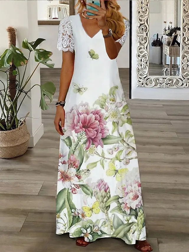 Women's Long Dress Maxi Dress Casual Dress A Line Dress Print Dress Floral Fashion Streetwear Outdoor Daily Vacation Lace Print Short Sleeve V Neck Dress Regular Fit Black White Green Summer Spring S